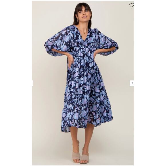 Pinkblush Navy Floral V-Neck Shimmer Midi Dress Size L - Picture 10 of 12